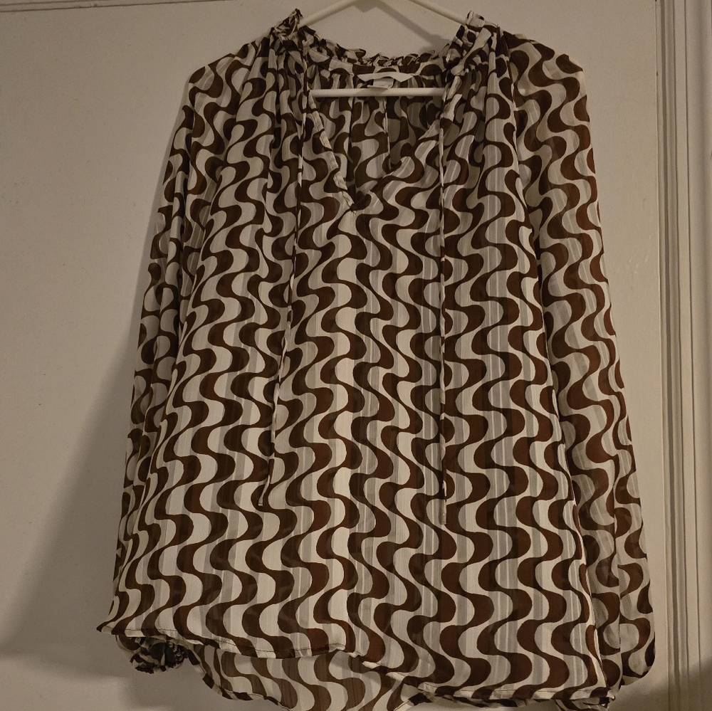 H&M Brown and White Wavy Print Long Sleeve Blouse
